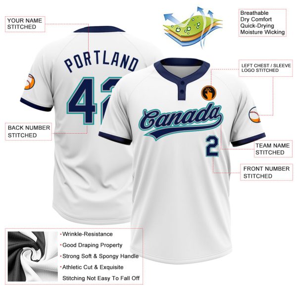 Custom White Navy Gray-Teal Two-Button Unisex Softball Jersey - Image 3