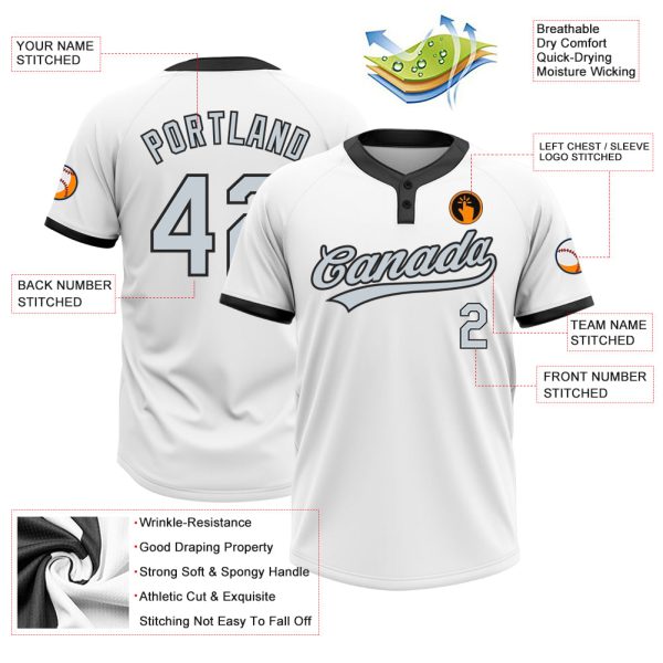 Custom White Silver-Black Two-Button Unisex Softball Jersey - Image 3