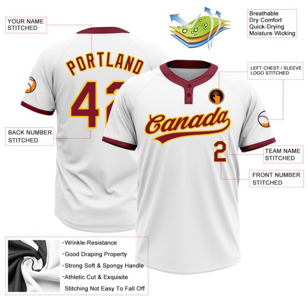 Custom White Crimson-Gold Two-Button Unisex Softball Jersey - Image 3