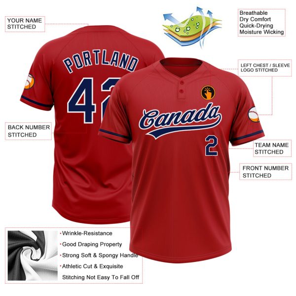 Custom Red Navy-White Two-Button Unisex Softball Jersey - Image 3