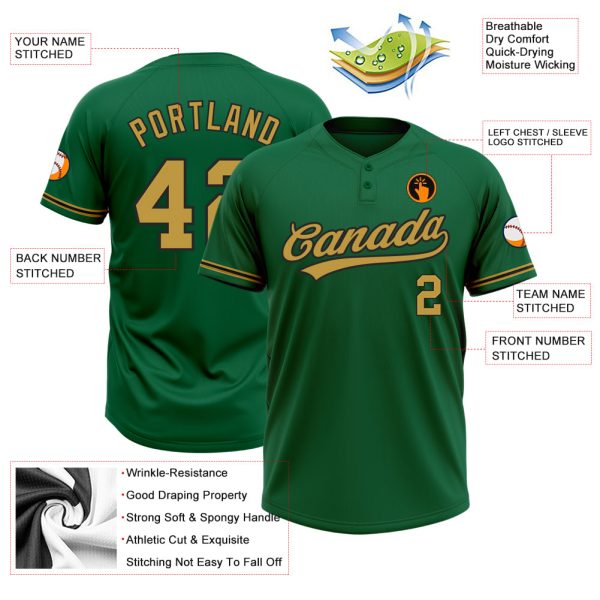 Custom Kelly Green Old Gold-Black Two-Button Unisex Softball Jersey - Image 3