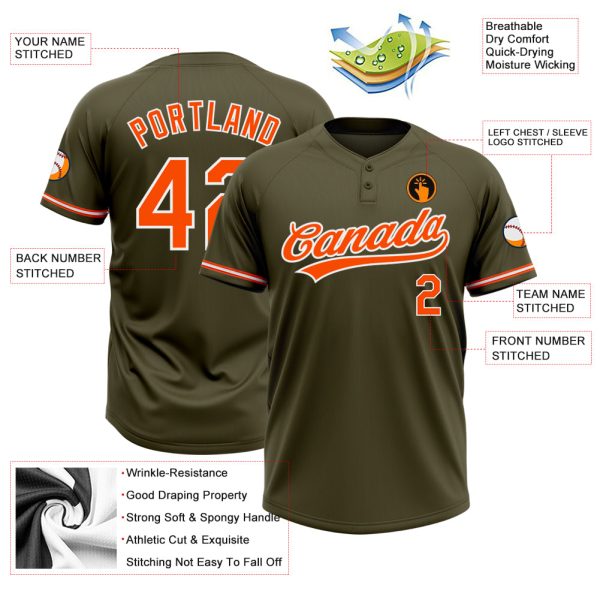 Custom Olive Orange-White Salute To Service Two-Button Unisex Softball Jersey - Image 3