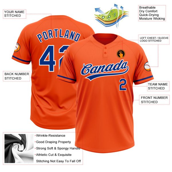 Custom Orange Royal-White Two-Button Unisex Softball Jersey - Image 3
