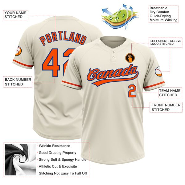 Custom Cream Orange-Royal Two-Button Unisex Softball Jersey - Image 3