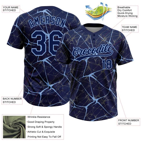 Custom Navy Light Blue 3D Pattern Abstract Network Two-Button Unisex Softball Jersey - Image 3