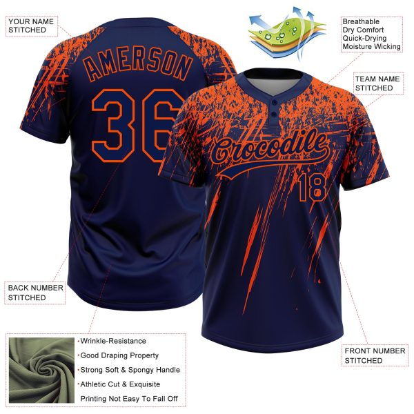 Custom Navy Orange 3D Pattern Abstract Sharp Shape Two-Button Unisex Softball Jersey - Image 3