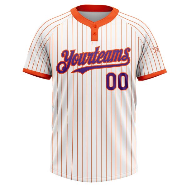 Custom White Orange Pinstripe Purple Two-Button Unisex Softball Jersey - Image 2