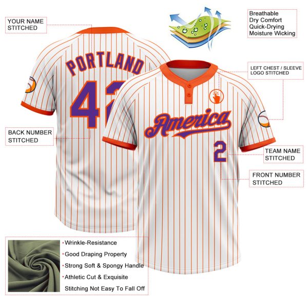 Custom White Orange Pinstripe Purple Two-Button Unisex Softball Jersey - Image 3