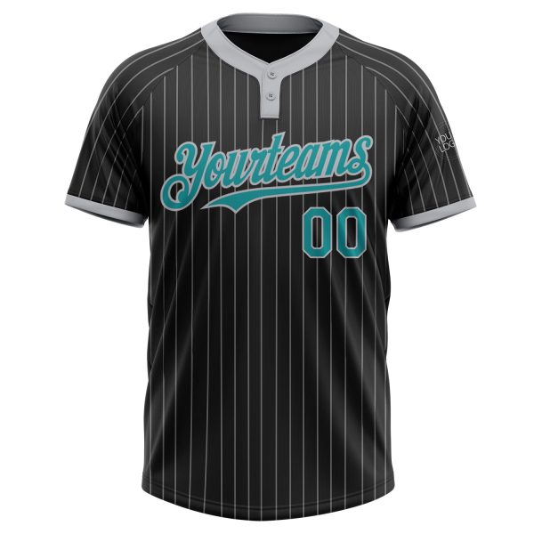 Custom Black Gray Pinstripe Teal Two-Button Unisex Softball Jersey - Image 2