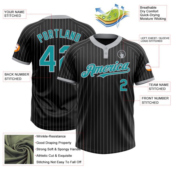 Custom Black Gray Pinstripe Teal Two-Button Unisex Softball Jersey - Image 3