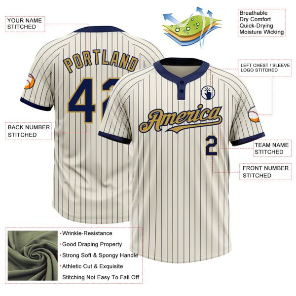 Custom Cream Navy Pinstripe Old Gold Two-Button Unisex Softball Jersey - Image 3