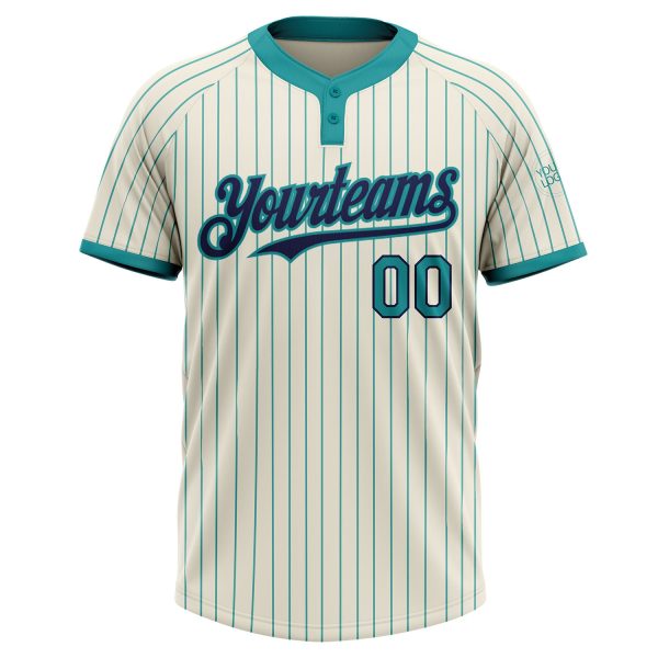 Custom Cream Teal Pinstripe Navy Two-Button Unisex Softball Jersey - Image 2