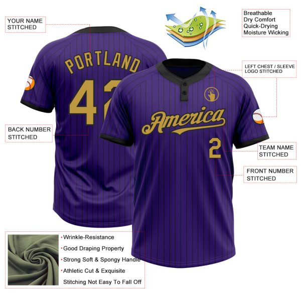 Custom Purple Black Pinstripe Old Gold Two-Button Unisex Softball Jersey - Image 3