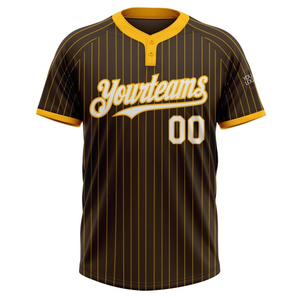 Custom Brown Gold Pinstripe White Two-Button Unisex Softball Jersey - Image 2