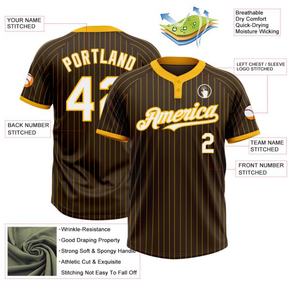 Custom Brown Gold Pinstripe White Two-Button Unisex Softball Jersey - Image 3