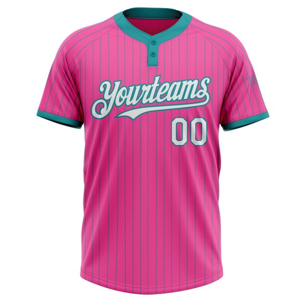 Custom Pink Teal Pinstripe White Two-Button Unisex Softball Jersey - Image 2
