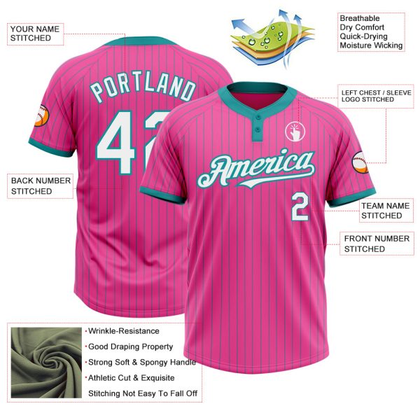 Custom Pink Teal Pinstripe White Two-Button Unisex Softball Jersey - Image 3