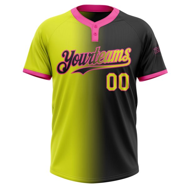 Custom Black Neon Yellow-Pink Gradient Fashion Two-Button Unisex Softball Jersey - Image 2