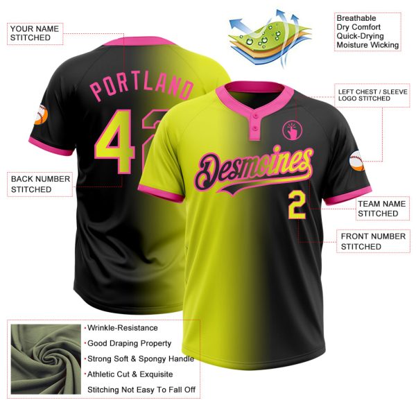 Custom Black Neon Yellow-Pink Gradient Fashion Two-Button Unisex Softball Jersey - Image 3