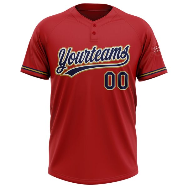 Custom Red Navy-Old Gold Two-Button Unisex Softball Jersey - Image 2
