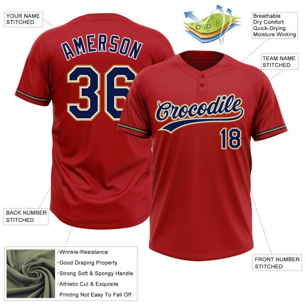 Custom Red Navy-Old Gold Two-Button Unisex Softball Jersey - Image 3