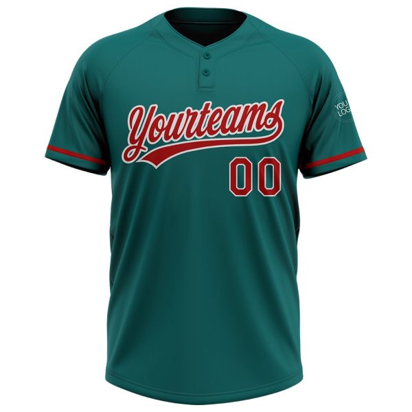 Custom Teal Red-White Two-Button Unisex Softball Jersey - Image 2