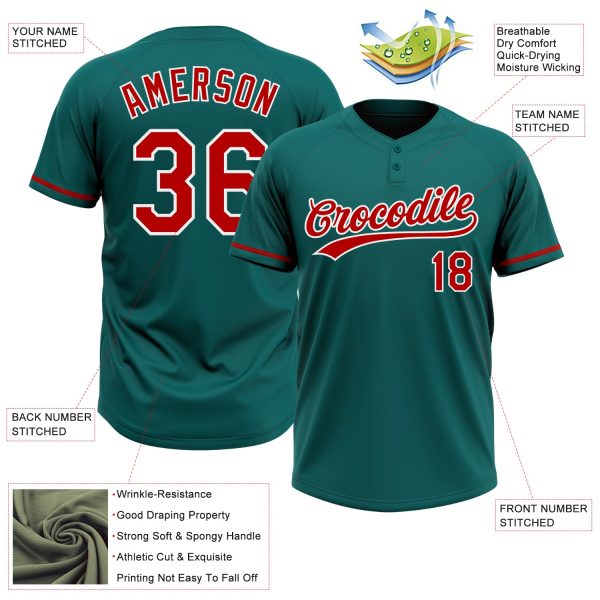 Custom Teal Red-White Two-Button Unisex Softball Jersey - Image 3