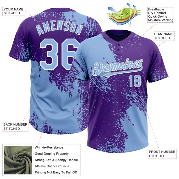 Custom Light Blue Purple-White 3D Pattern Abstract Brush Stroke Two-Button Unisex Softball Jersey - Image 3