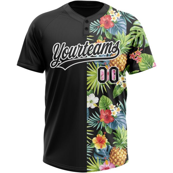 Custom Black White 3D Pattern Hawaii Tropical Pineapples, Palm Leaves And Flowers Two-Button Unisex Softball Jersey - Image 2