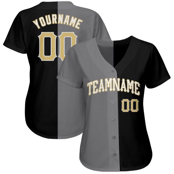 Custom Black Vegas Gold-Gray Authentic Split Fashion Baseball Jersey - Image 2