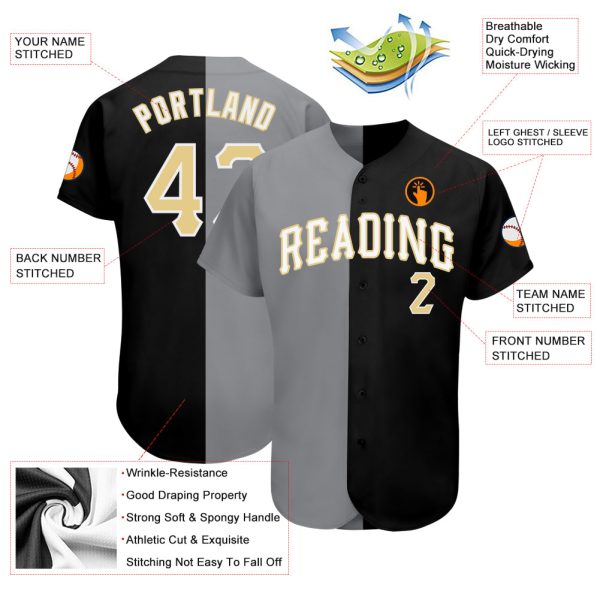 Custom Black Vegas Gold-Gray Authentic Split Fashion Baseball Jersey - Image 3