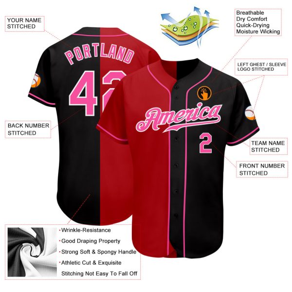 Custom Black Pink Red-White Authentic Split Fashion Baseball Jersey - Image 3