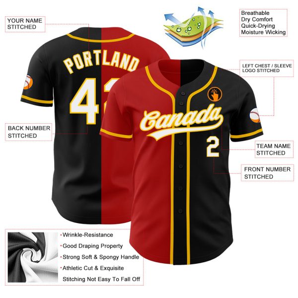 Custom Black White Red-Gold Authentic Split Fashion Baseball Jersey - Image 3