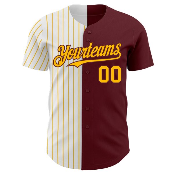 Custom Burgundy White-Gold Pinstripe Authentic Split Fashion Baseball Jersey - Image 2