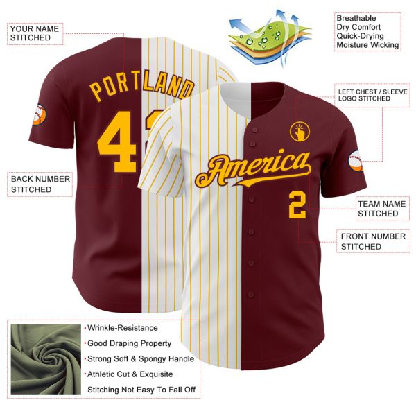 Custom Burgundy White-Gold Pinstripe Authentic Split Fashion Baseball Jersey - Image 3