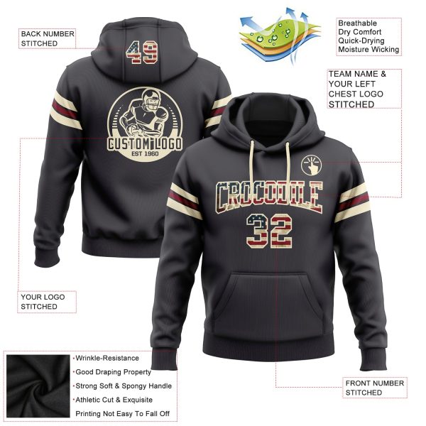 Custom Stitched Steel Gray Vintage USA Flag Cream-Crimson Football Pullover Sweatshirt Hoodie - Image 2