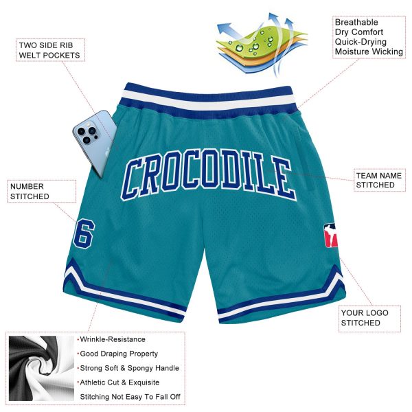 Custom Teal Royal-White Authentic Throwback Basketball Shorts - Image 2