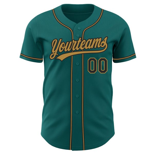 Custom Teal Black-Old Gold Authentic Baseball Jersey - Image 2