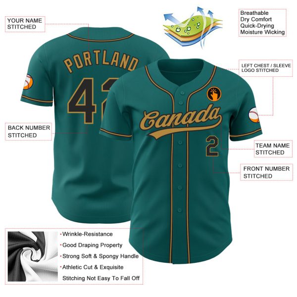 Custom Teal Black-Old Gold Authentic Baseball Jersey - Image 3