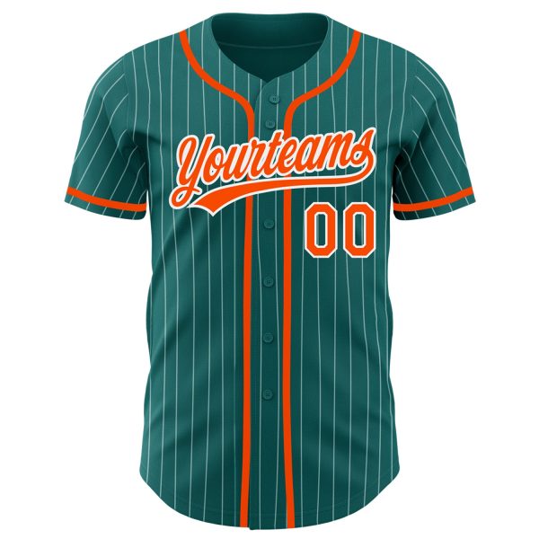 Custom Teal White Pinstripe Orange Authentic Baseball Jersey - Image 2