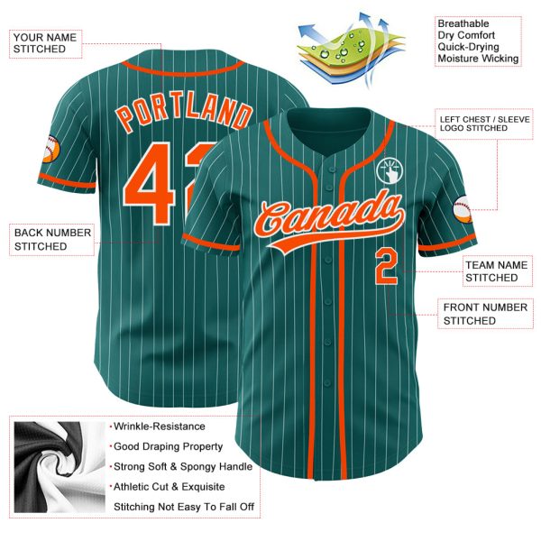 Custom Teal White Pinstripe Orange Authentic Baseball Jersey - Image 3