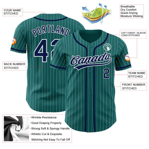 Custom Teal White Pinstripe Navy Authentic Baseball Jersey - Image 3