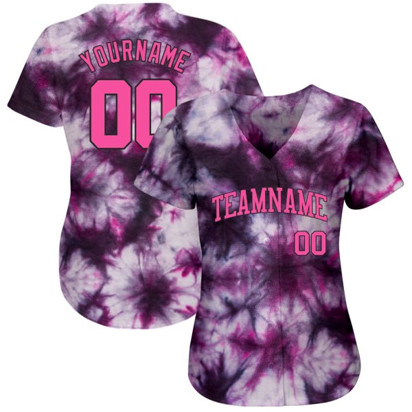 Custom Tie Dye Pink-Black 3D Authentic Baseball Jersey - Image 2