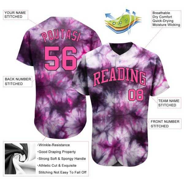 Custom Tie Dye Pink-Black 3D Authentic Baseball Jersey - Image 3
