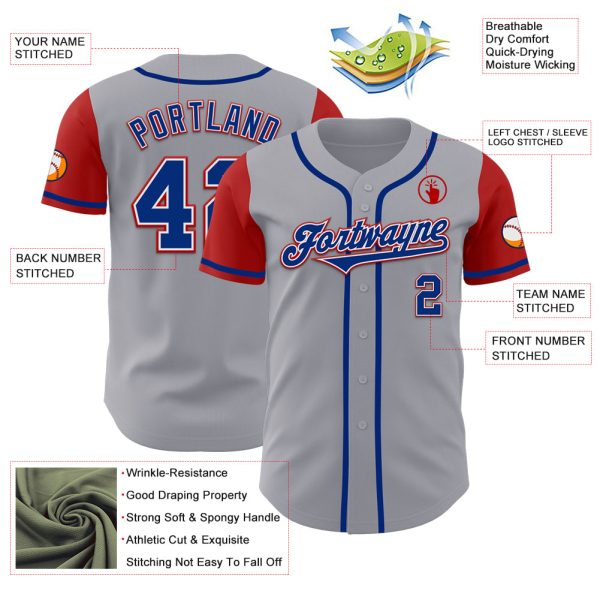 Custom Gray Royal-Red Authentic Two Tone Baseball Jersey - Image 3
