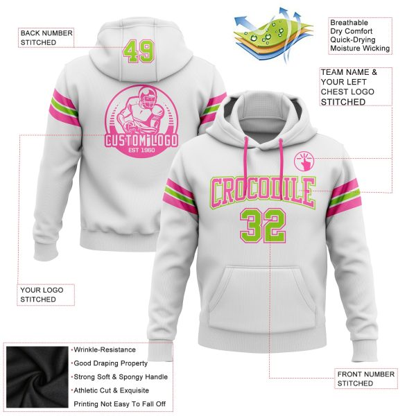 Custom Stitched White Neon Green-Pink Football Pullover Sweatshirt Hoodie - Image 2