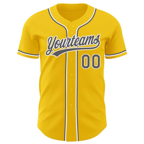 Custom Yellow Steel Gray-White Authentic Baseball Jersey - Image 2