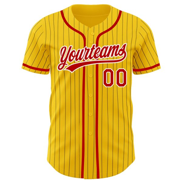Custom Yellow Black Pinstripe Red-White Authentic Baseball Jersey - Image 2