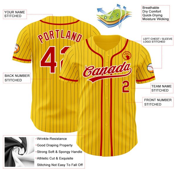 Custom Yellow Black Pinstripe Red-White Authentic Baseball Jersey - Image 3