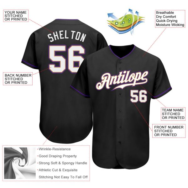 Custom Black White-Purple Authentic Baseball Jersey - Image 3
